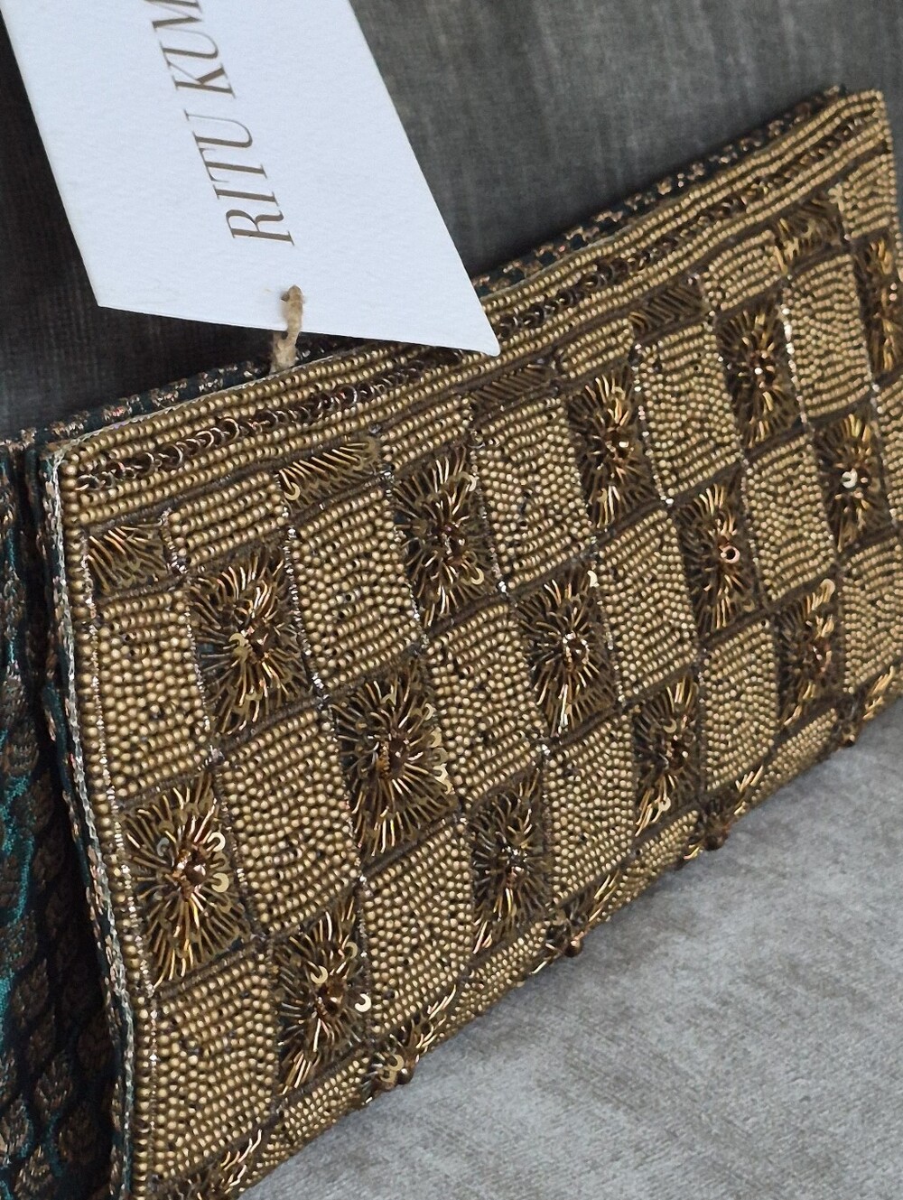 NWT Ritu Kumar Gold Beaded Metallic Embellished Envelope Clutch Bag Brocade